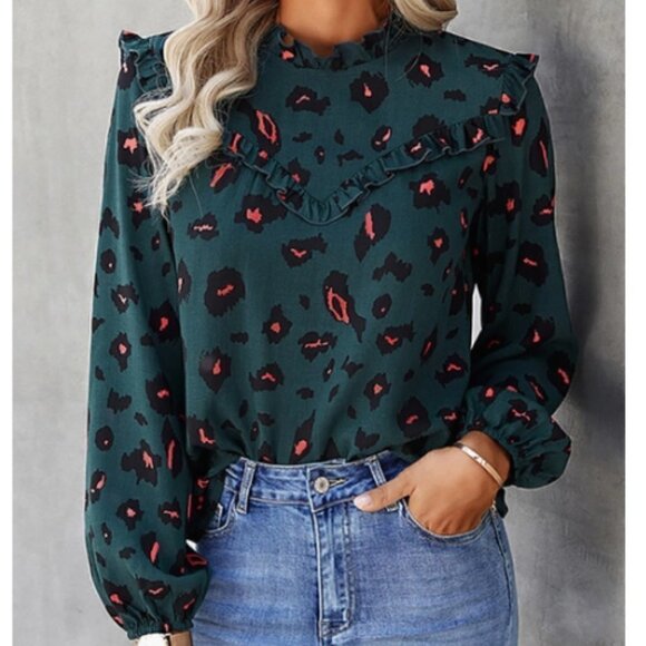 𝅺WOMEN'S Green and Pink Leopard Ruffled Blouse - Picture 3 of 5